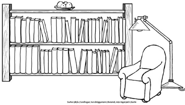 Reading-Tracker Regal mit Büchern, Sessel und Lampe, Strichzeichnung