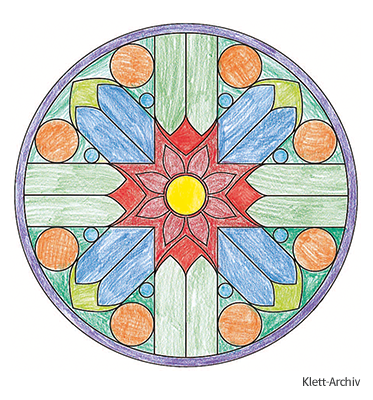 Grundschul-Blog-Unterrichten-Mathematik-Tag-der-Mathematik-Mandala Abbildung eines Mandalas, welches mit Buntstiften ausgemalt wurde