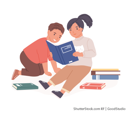 Illustration von zwei Kindern, die gemeinsam in ein Buch schauen und von mehreren Büchern umgeben sind