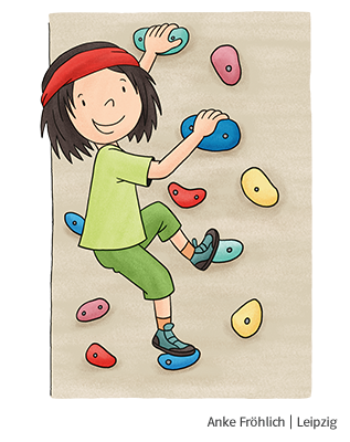 Illustration von Anoki, welcher eine Kletterwand hochklettert