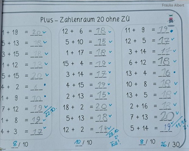 Grundschulblog-Unterrichten-Mathematik-Matherad-Rechenheftchen-Abb6 korrigierte Seite des Kopfrechnen-Heftchens
