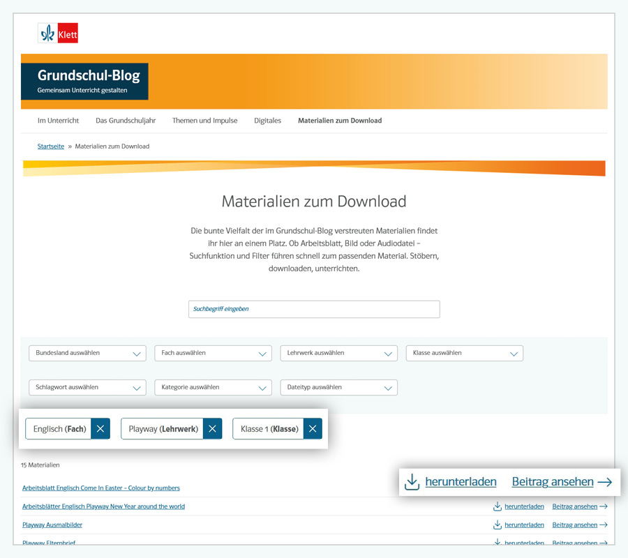 Screenshot Grundschul-Blog Materialien zum Dwonload, Suche hervorgehoben