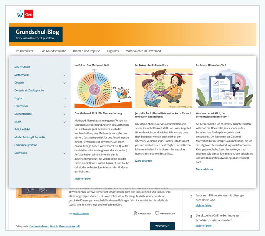 Screenshot Grundschul-Blog Startseite, Fokusbeiträge hervorgehoben