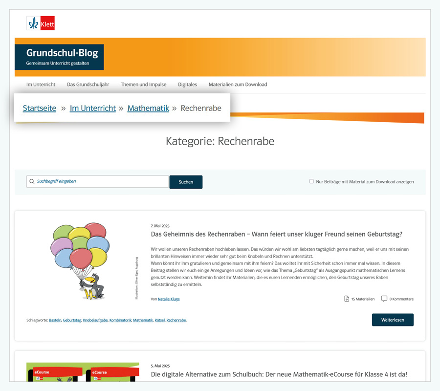 Screenshot Grundschul-Blog Startseite, Breadcrumb hervorgehoben