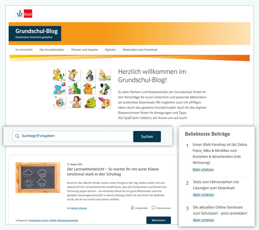 Screenshot Grundschul-Blog Startseite, Suche und Beliebteste Beiträge hervorgehoben