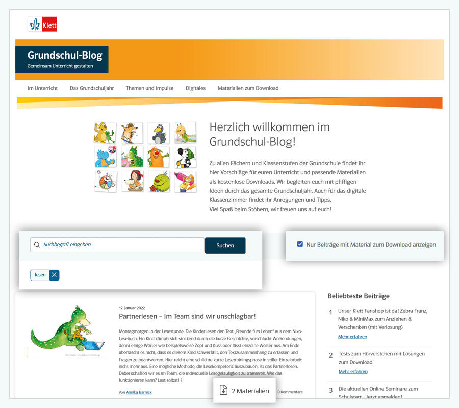 Screenshot Grundschul-Blog Startseite, Suche hervorgehoben