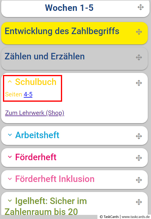 Screenshot TaskCards DUA Verlinkung