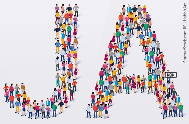 Grundschul-Blog-Unterrichten-Demokratiebildung-Kompromisse-JA-Nein-Schild Illustration JA aus Menschen mit Nein-Schild