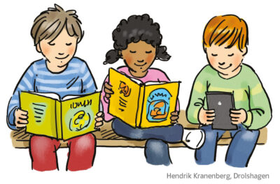 Grundschul-Blog-Unterrichten-Deutsch-S210_Kinder_lesen Illustration: 3 Kinder lesen in Büchern und auf Tablet