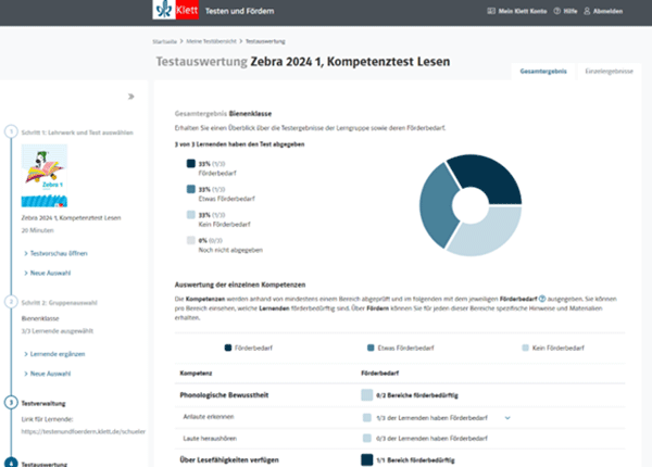 Online-Portal Testen und Fördern Testauswertung Kompetenztest Lesen 
