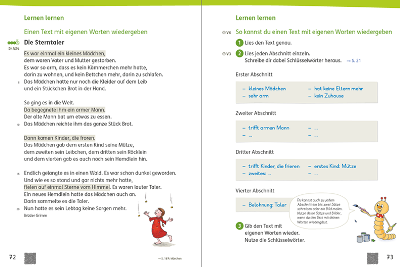 Grundschul-Blog-Unterrichten-Deutsch-Buecherwurm-Lesebuch-2-Lernen-lernen-Seite-S72_73 Lernen lernen-Seite „Einen Text mit eigenen Worten wiedergeben“, Bücherwurm Lesebuch, Seite 72 f.