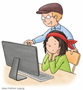 Anoki_Emil_PC Emil erklärt Anoki etwas am Computer