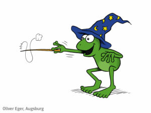 Zauberfrosch Frosch Mini verkleidet als Zauberer mit Zauberstab