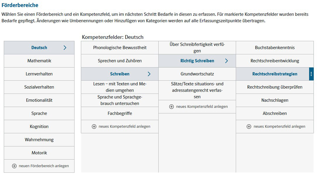 Screenshot Diagnostik Lernentwicklungsassistent Förderbereiche