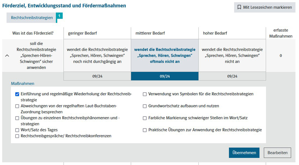 Screenshot Diagnostik Lernentwicklungsassistent Fördermaßnahmen