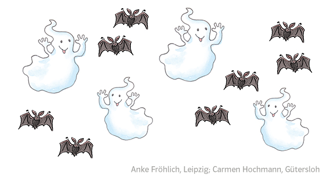 Grundschul-Blog-Herbst-Coollama-Halloween-Geister-Flederm Illustration mit 8 Fledermäusen und 4 Geistern