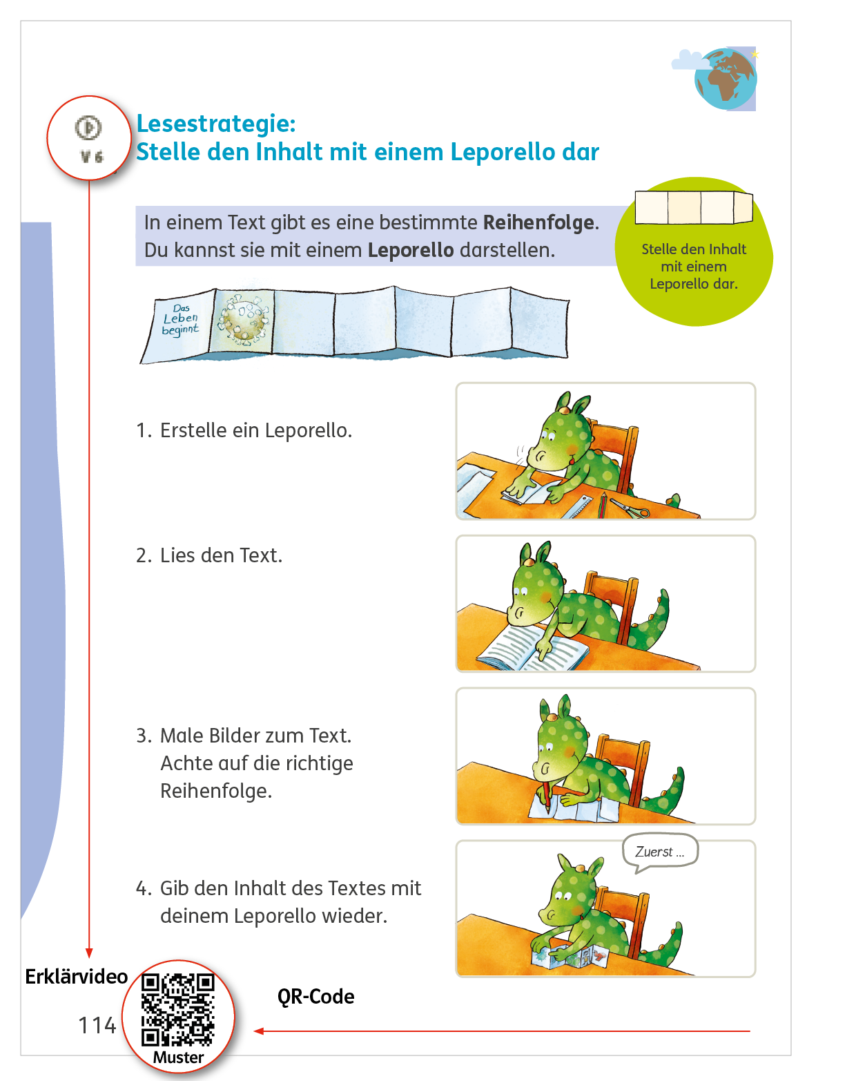 Niko 2 Lesebuch, S. 114; Lesestrategie: Stelle den Inhalt mit einem Leporello dar