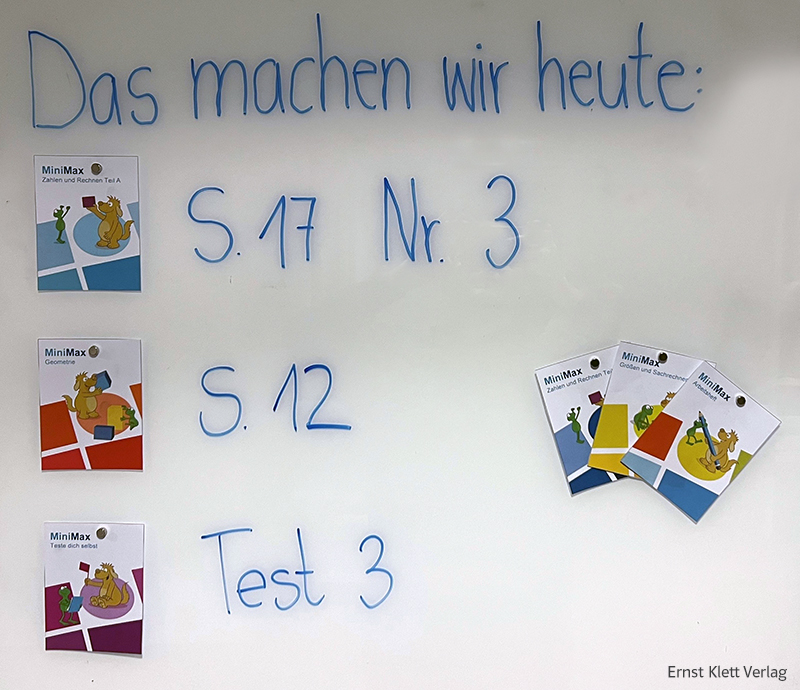 Grundschul-Blog-Unterrichten-Mathe-MiniMax2026-Tafel Tafel MiniMax 2026 mit Text Was machen wir heute: und Covern mit Seitenzahlen
