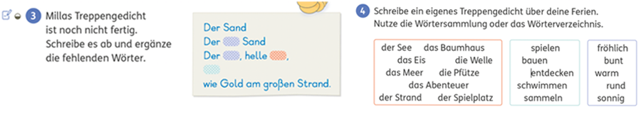 Treppengedichte: Bücherwurm Sprachbuch 2, Seite 42; Arbeitsheft PLUS, Seite 44